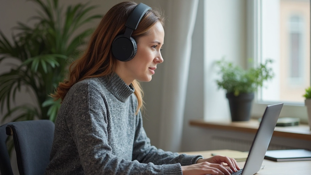 Vrouw met koptelefoon zit aan een bureau en voert een videoconferentie